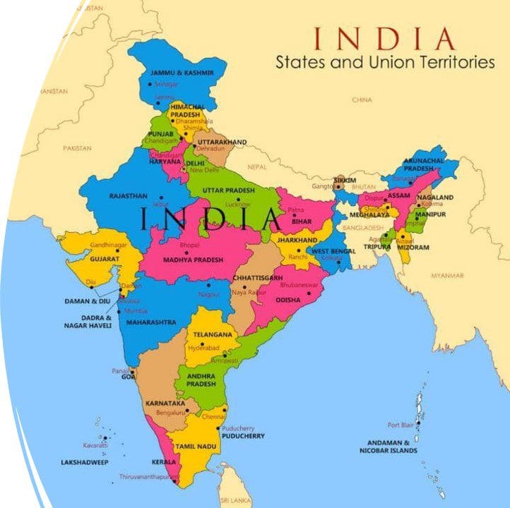 A map of india with states and territories.