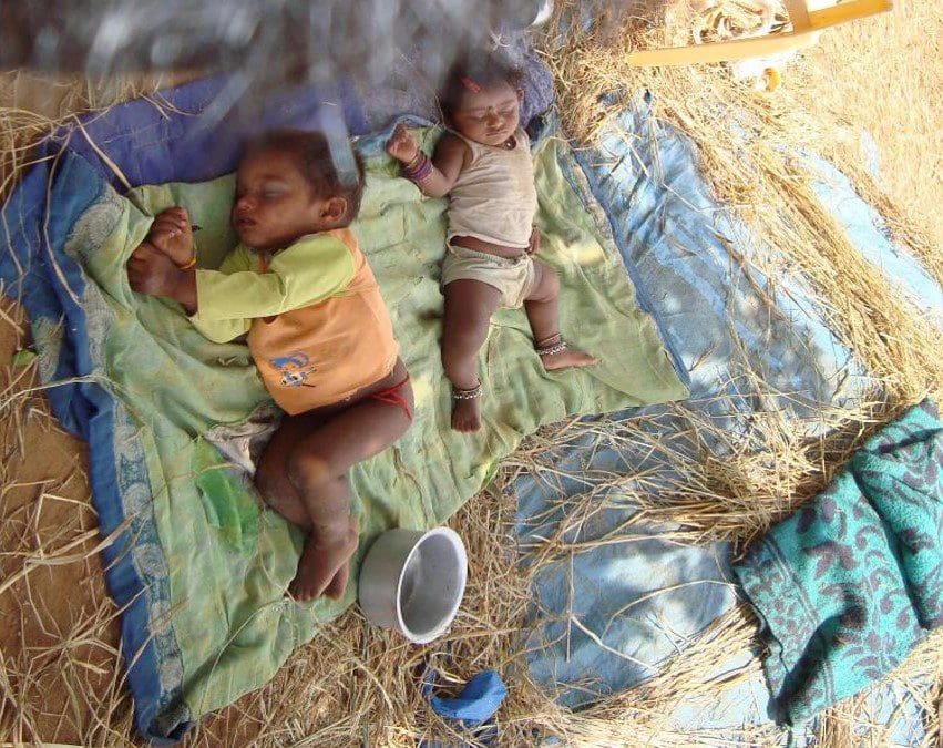 Two babies laying on a blanket in the hay.