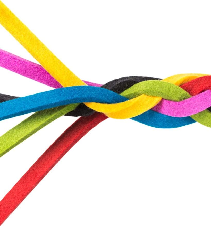 A group of colorful rubber bands connected to each other.